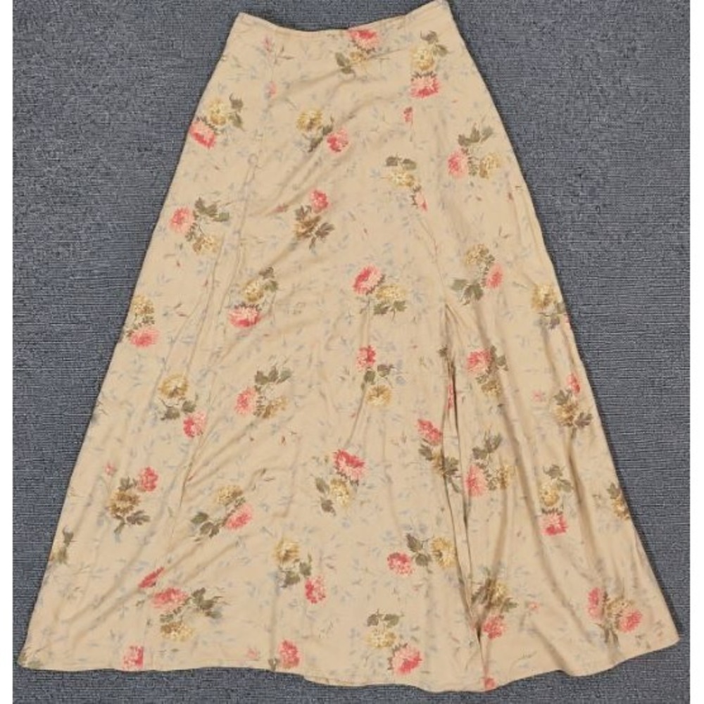 Lizsport Size 6 Maxi Skirt Womens Tan Floral Rayon Vintage Boho Cottagecore